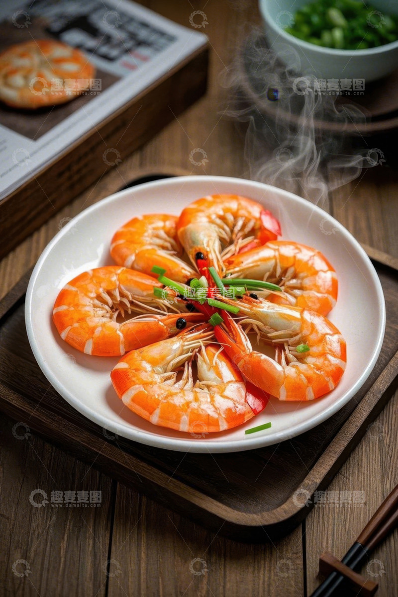 高清大图下载【趣麦麦图】盘中摆放整齐的大虾美食
