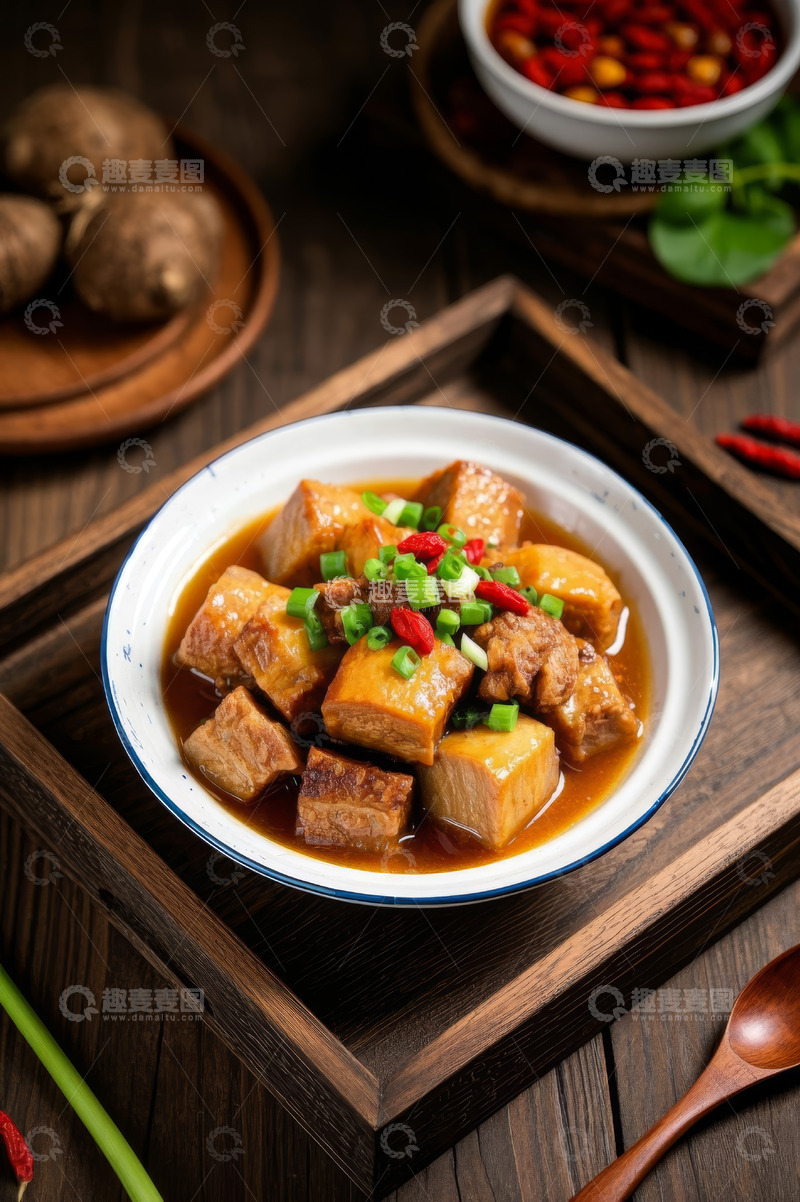 高清大图下载【趣麦麦图】木盘上的红烧豆腐美食特写