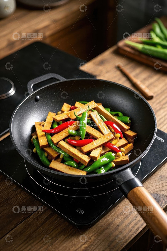 锅中炒制的青椒豆干菜肴