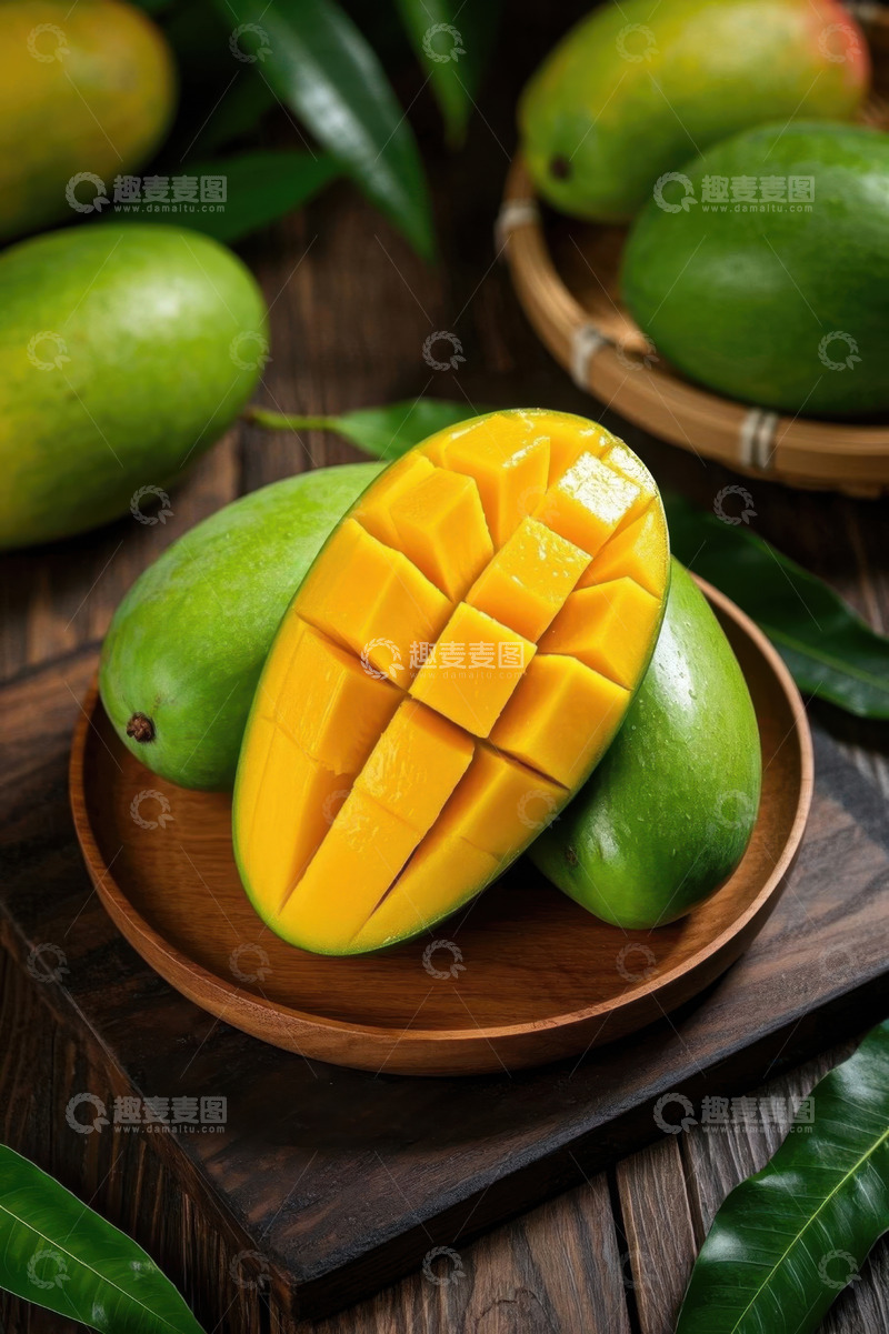 高清大图下载【趣麦麦图】木盘上切开的新鲜芒果
