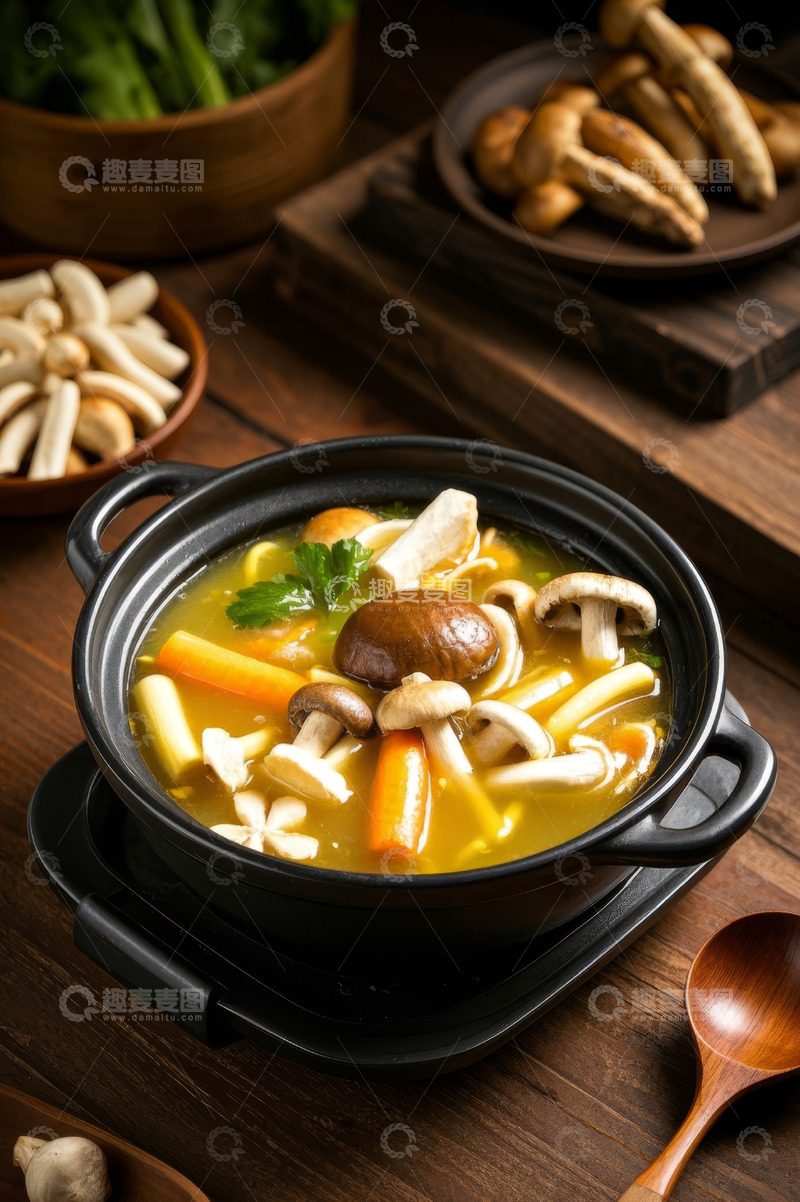 高清大图下载【趣麦麦图】砂锅什锦菌菇蔬菜汤