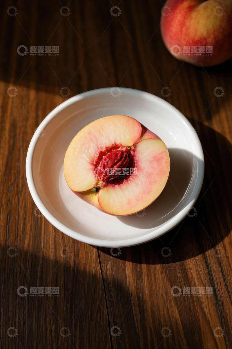 高清大图下载【趣麦麦图】白盘内切开的新鲜水蜜桃