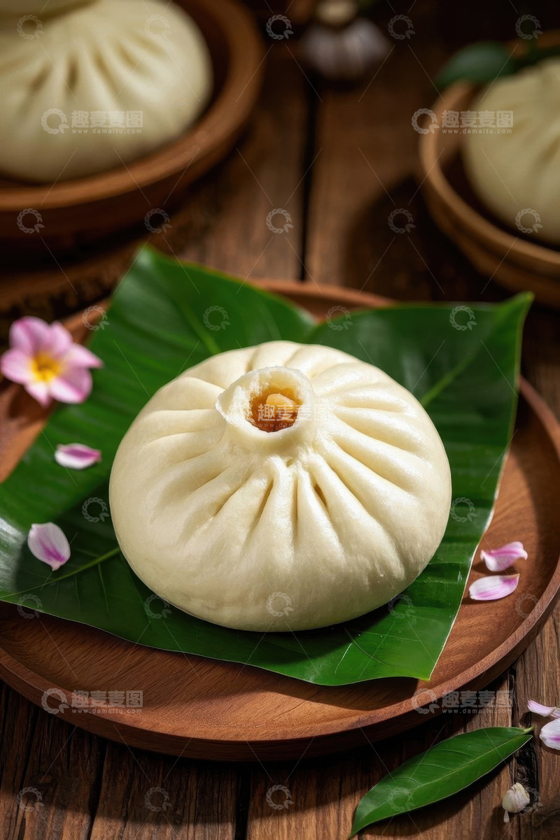 高清大图下载【趣麦麦图】木盘上的美味包子特写