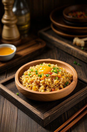 木碗装的美味蔬菜炒饭