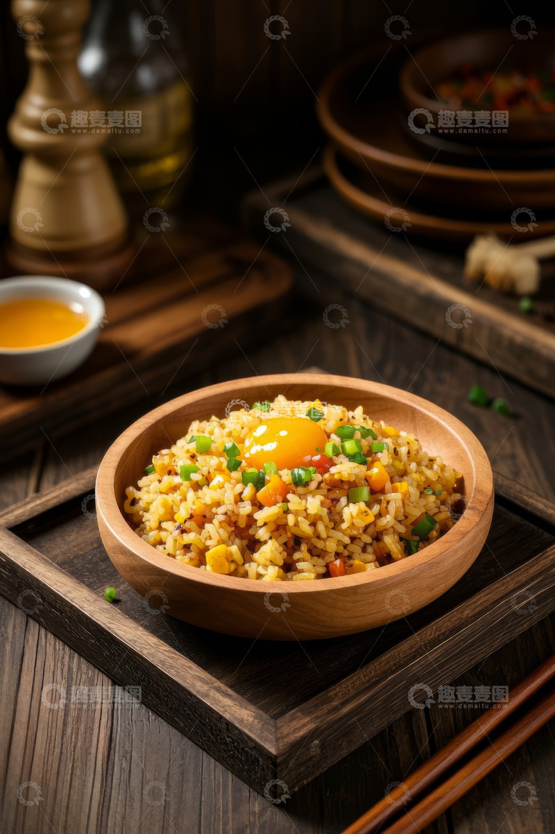 高清大图下载【趣麦麦图】-木碗装的美味蔬菜炒饭
