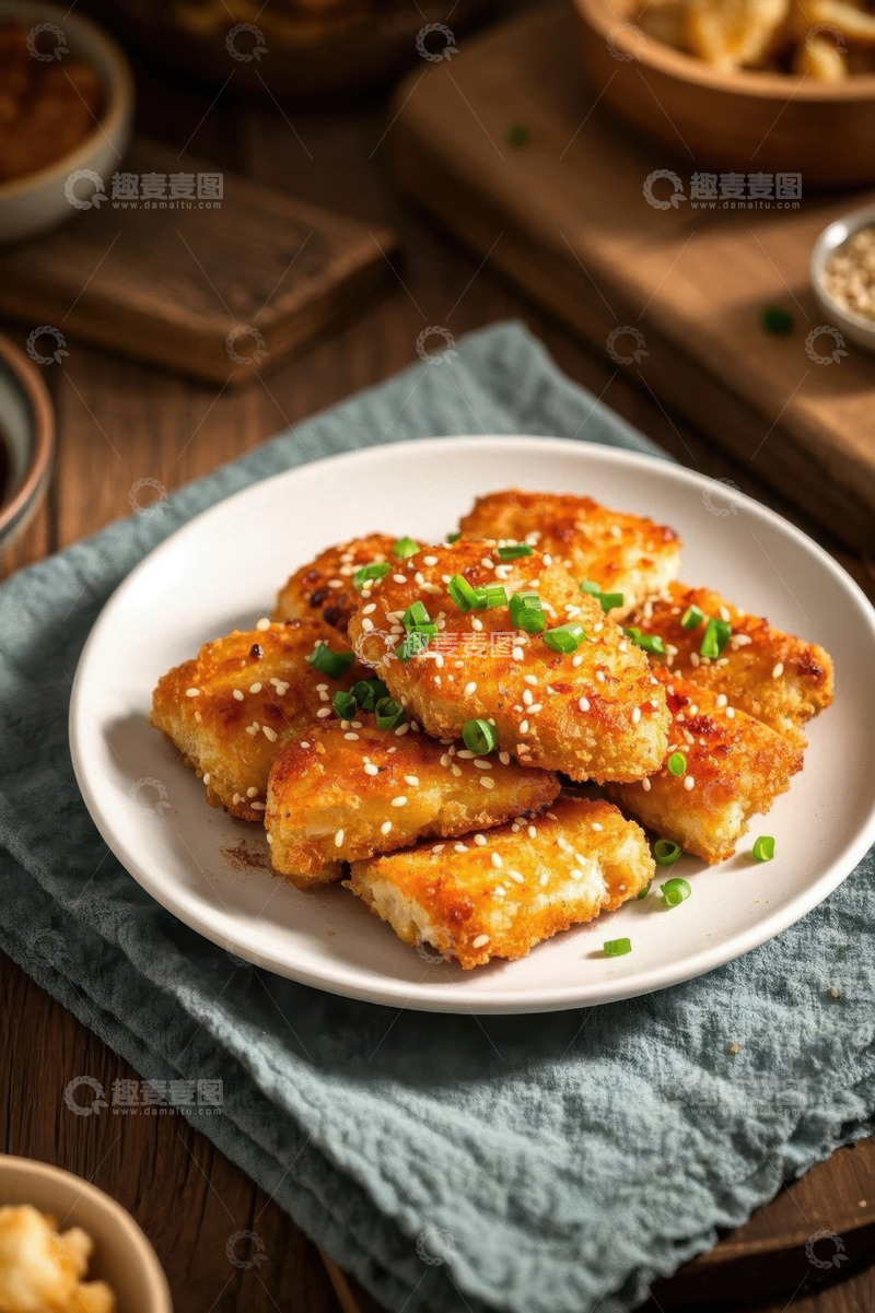 高清大图下载【趣麦麦图】盘中撒芝麻葱花的油炸美食