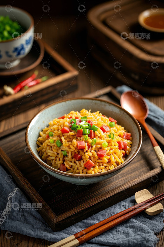 碗装火腿葱花炒饭美食图