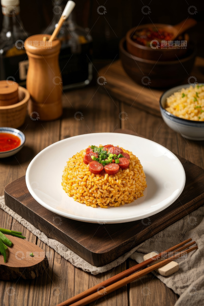 高清大图下载【趣麦麦图】木桌上摆盘精致的香肠炒饭