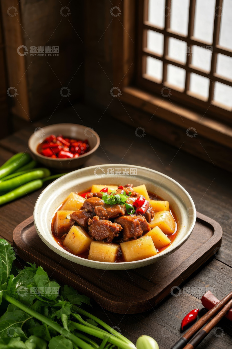 高清大图下载【趣麦麦图】木桌上的牛肉炖土豆美食