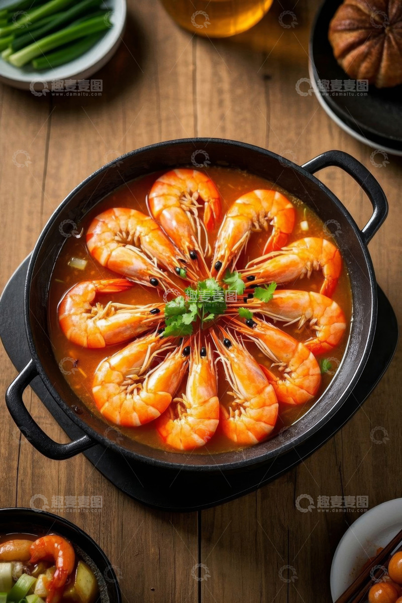 高清大图下载【趣麦麦图】锅中摆放整齐的大虾美食