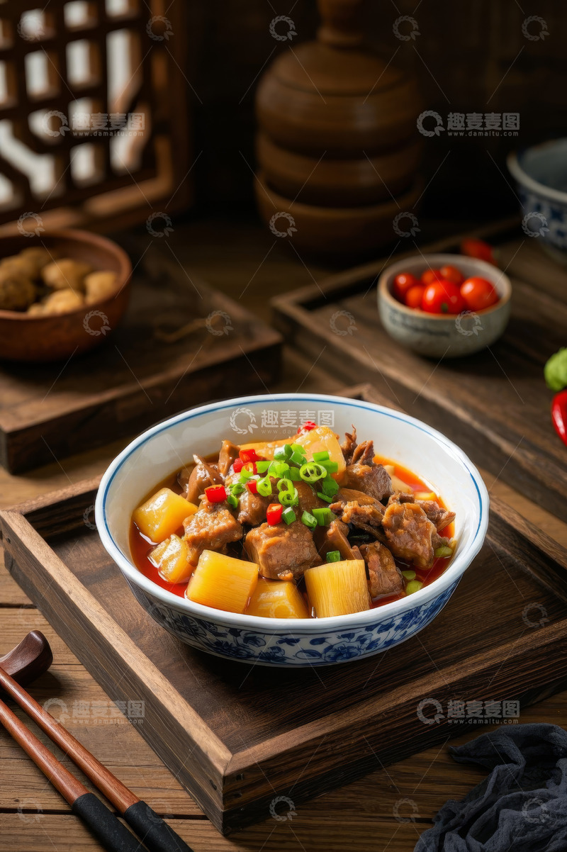 高清大图下载【趣麦麦图】中式木桌碗装炖菜美食素材