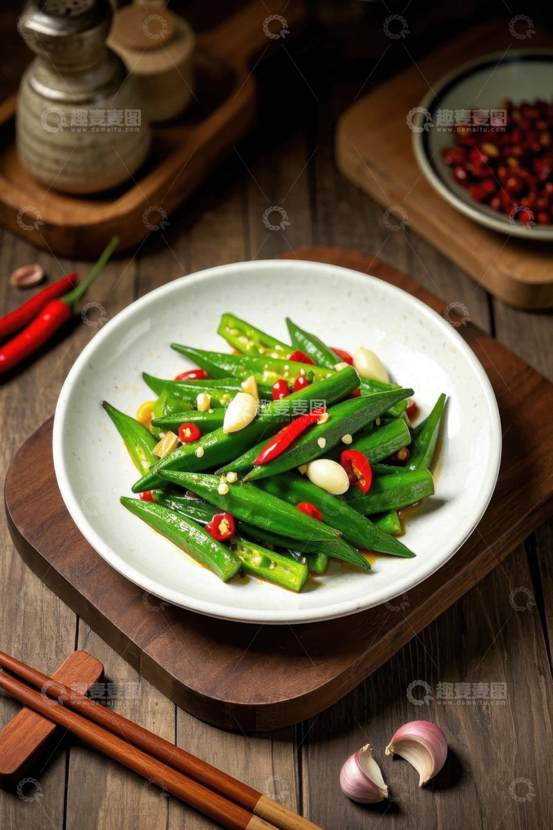 高清大图下载【趣麦麦图】木盘上的辣椒炒秋葵菜肴