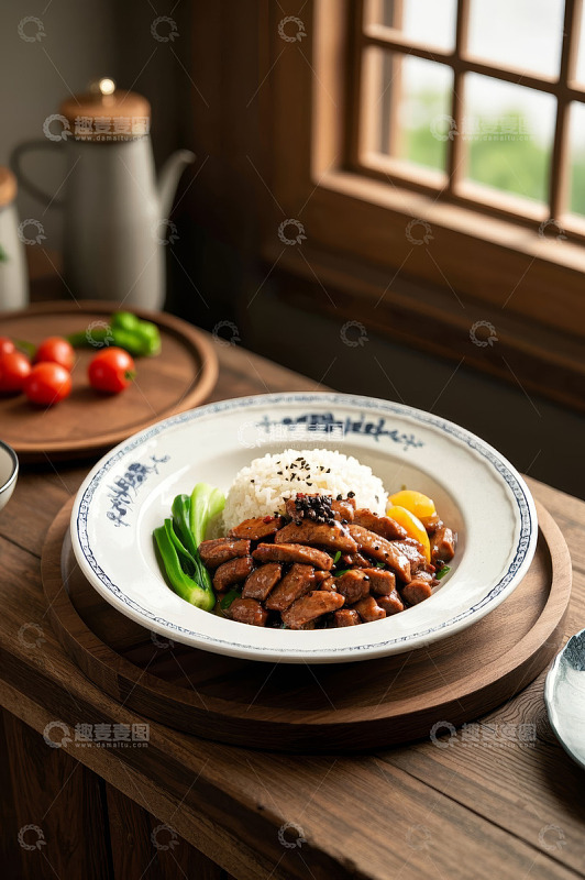 中式木桌摆盘的美味盖浇饭