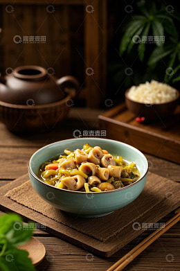 中式木桌上的酸菜猪小肠配米饭
