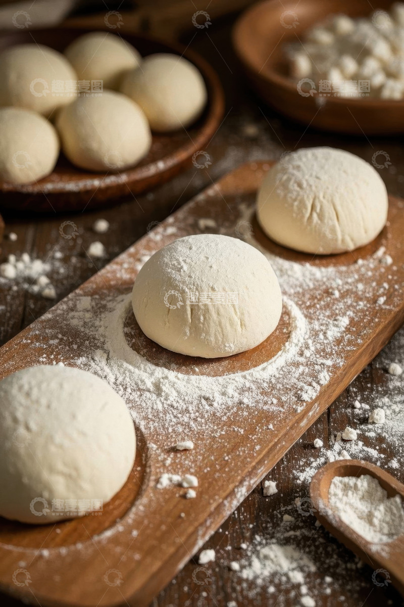 高清大图下载【趣麦麦图】木板上的新鲜面团与面粉