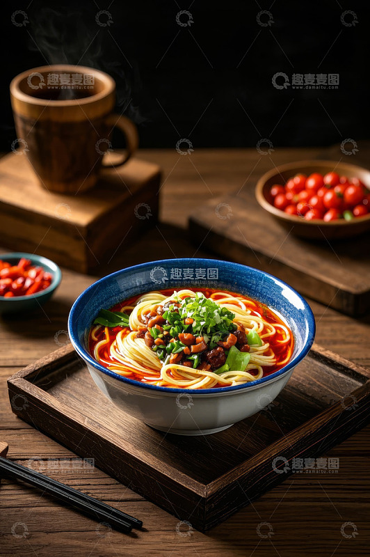 木桌上的一碗美味面条