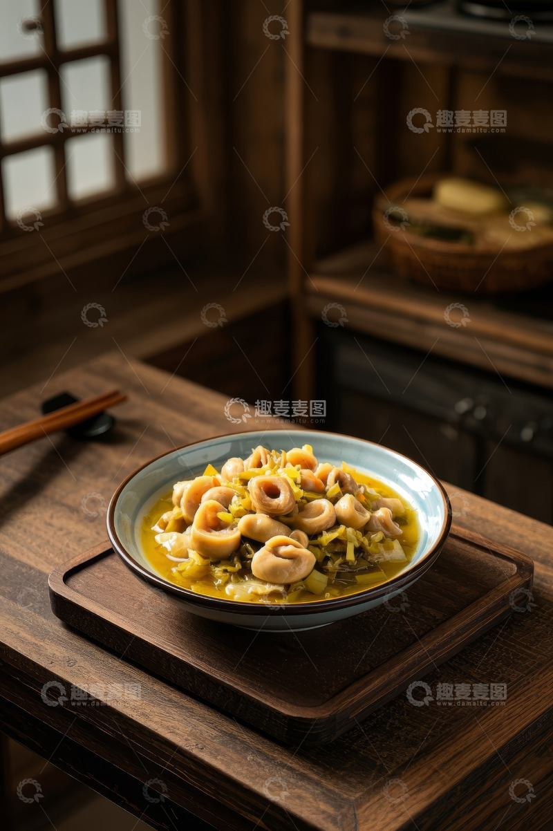 高清大图下载【趣麦麦图】中式木桌酸菜肥肠美食拍摄