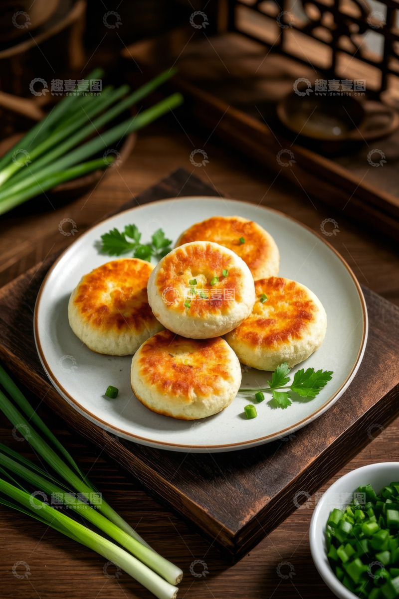 高清大图下载【趣麦麦图】盘中美味葱花饼特写