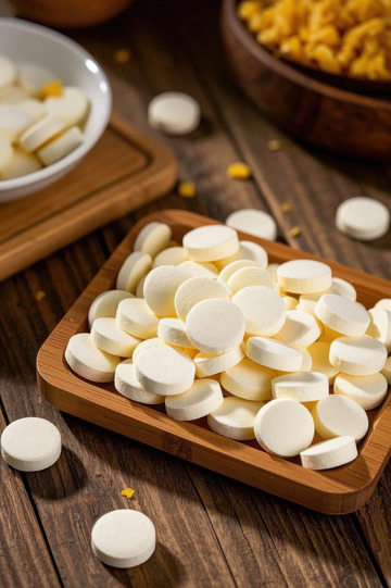 木制托盘上的白色圆形食品