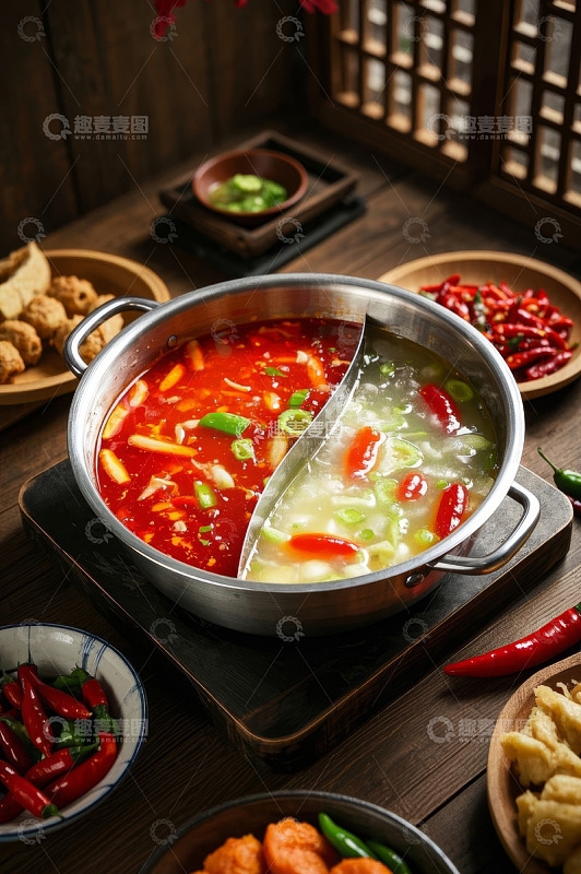 鸳鸯火锅及火锅食材展示