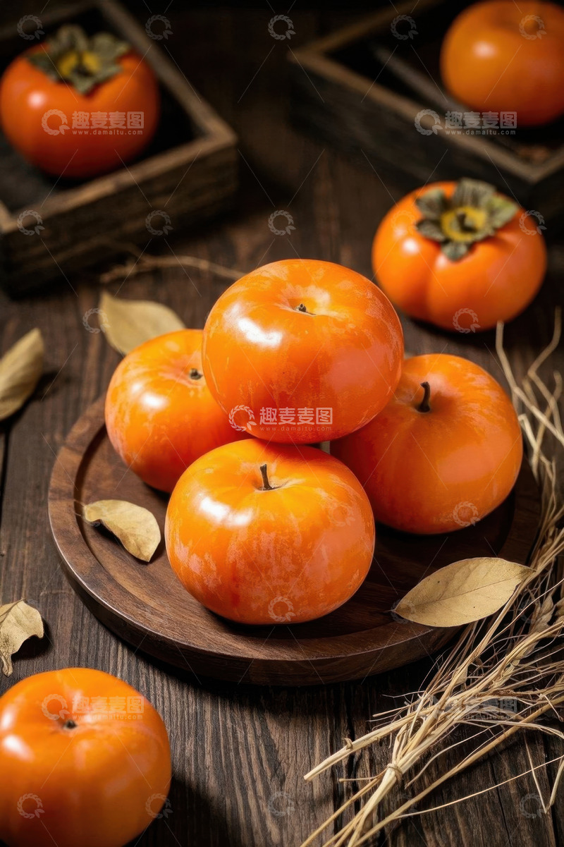 高清大图下载【趣麦麦图】木盘上摆放的新鲜柿子