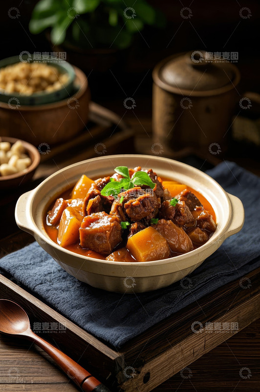 砂锅中的牛肉炖南瓜美食