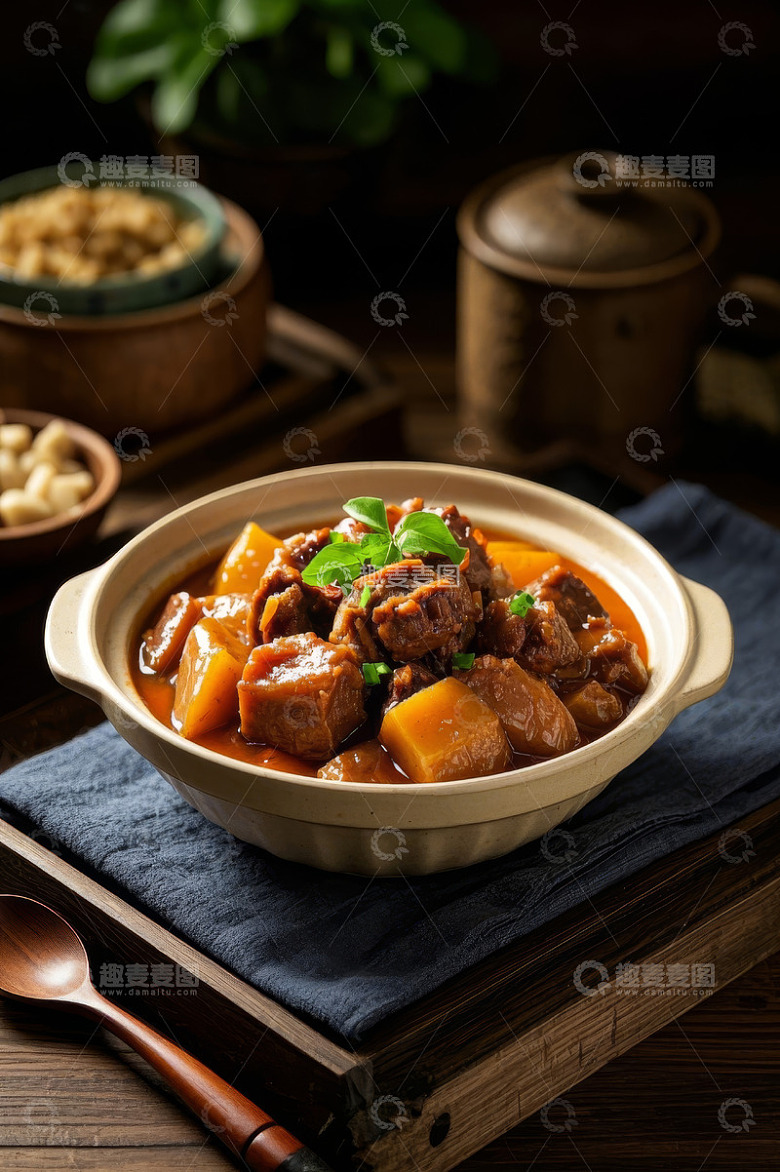 砂锅中的牛肉炖南瓜美食