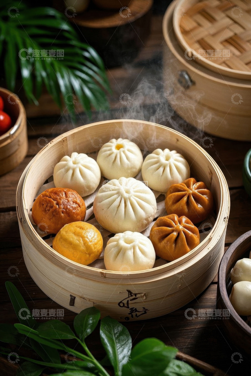 高清大图下载【趣麦麦图】竹制蒸笼里的多样包子
