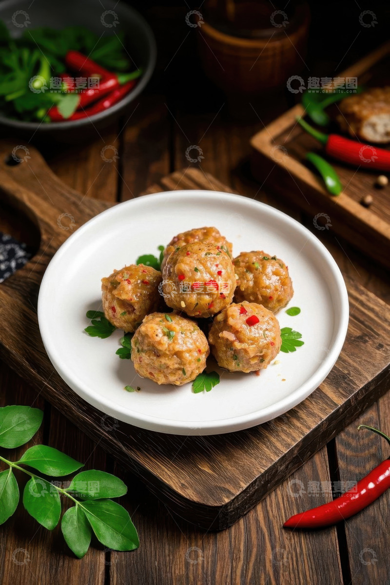 高清大图下载【趣麦麦图】木盘上的美味肉丸静物照