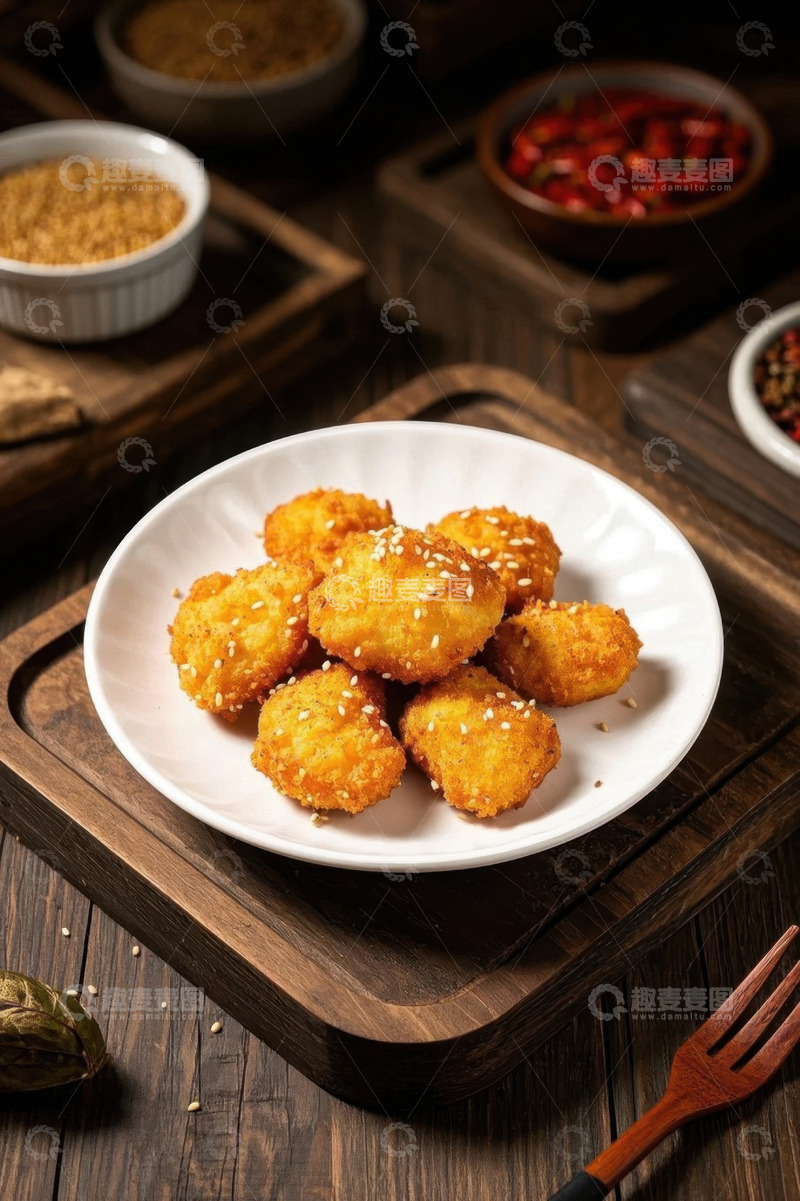高清大图下载【趣麦麦图】木盘上的油炸芝麻小食