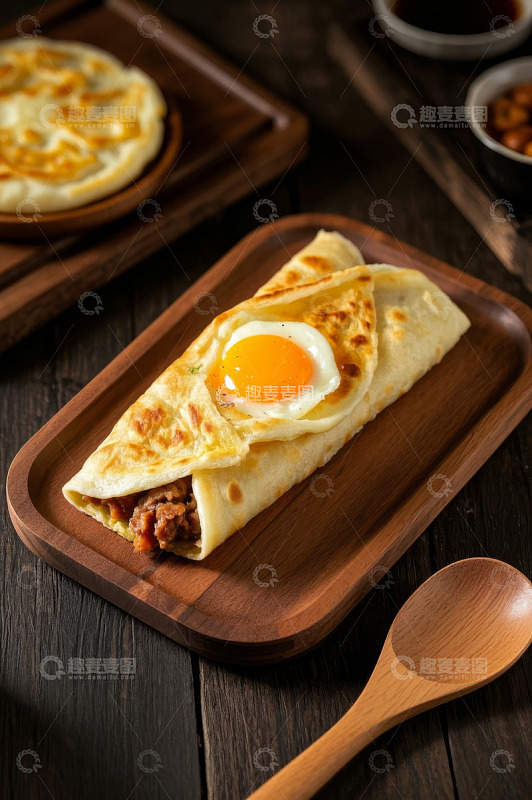 木制托盘上的煎饼卷肉配鸡蛋