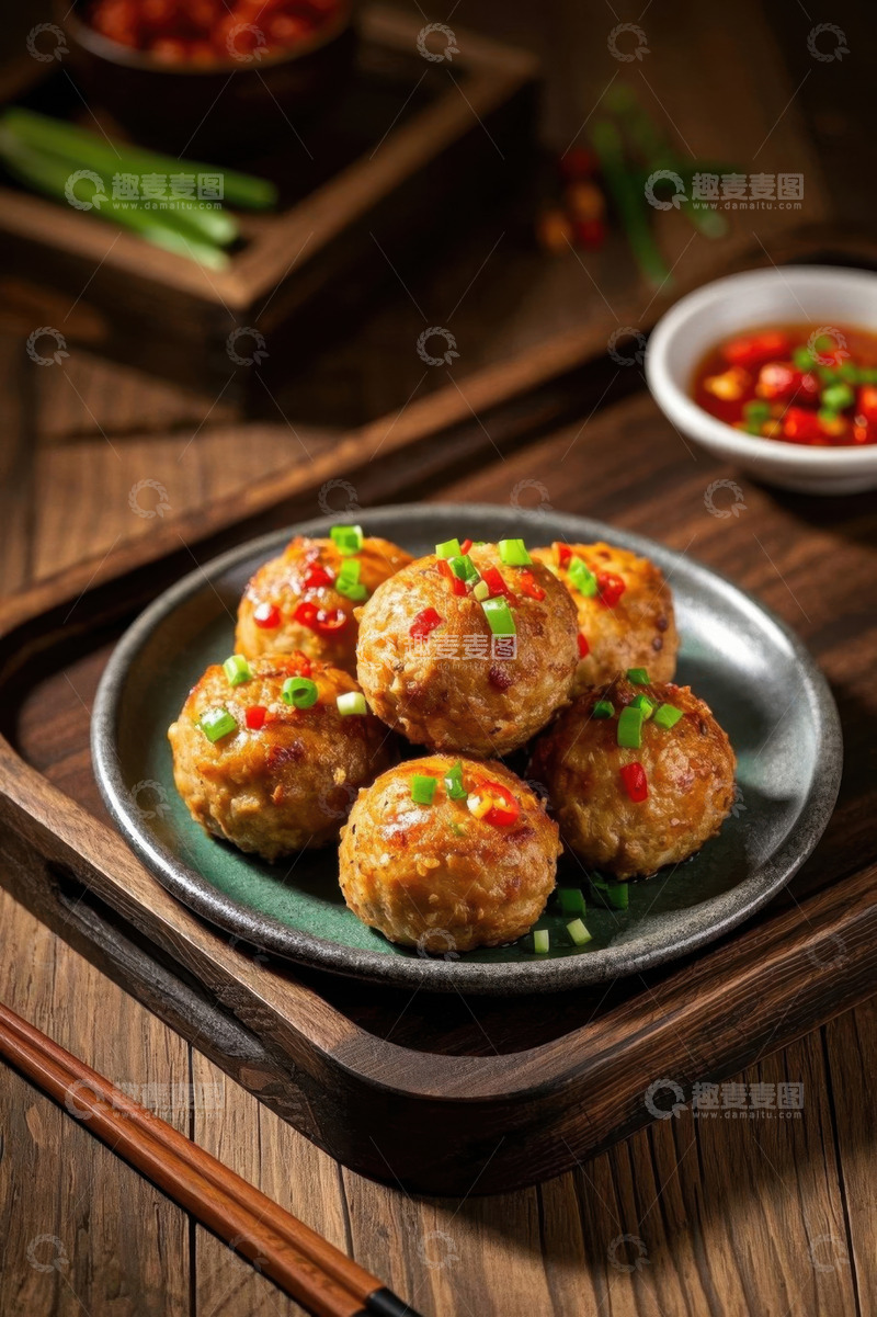 高清大图下载【趣麦麦图】木盘上的美味肉丸配蘸料