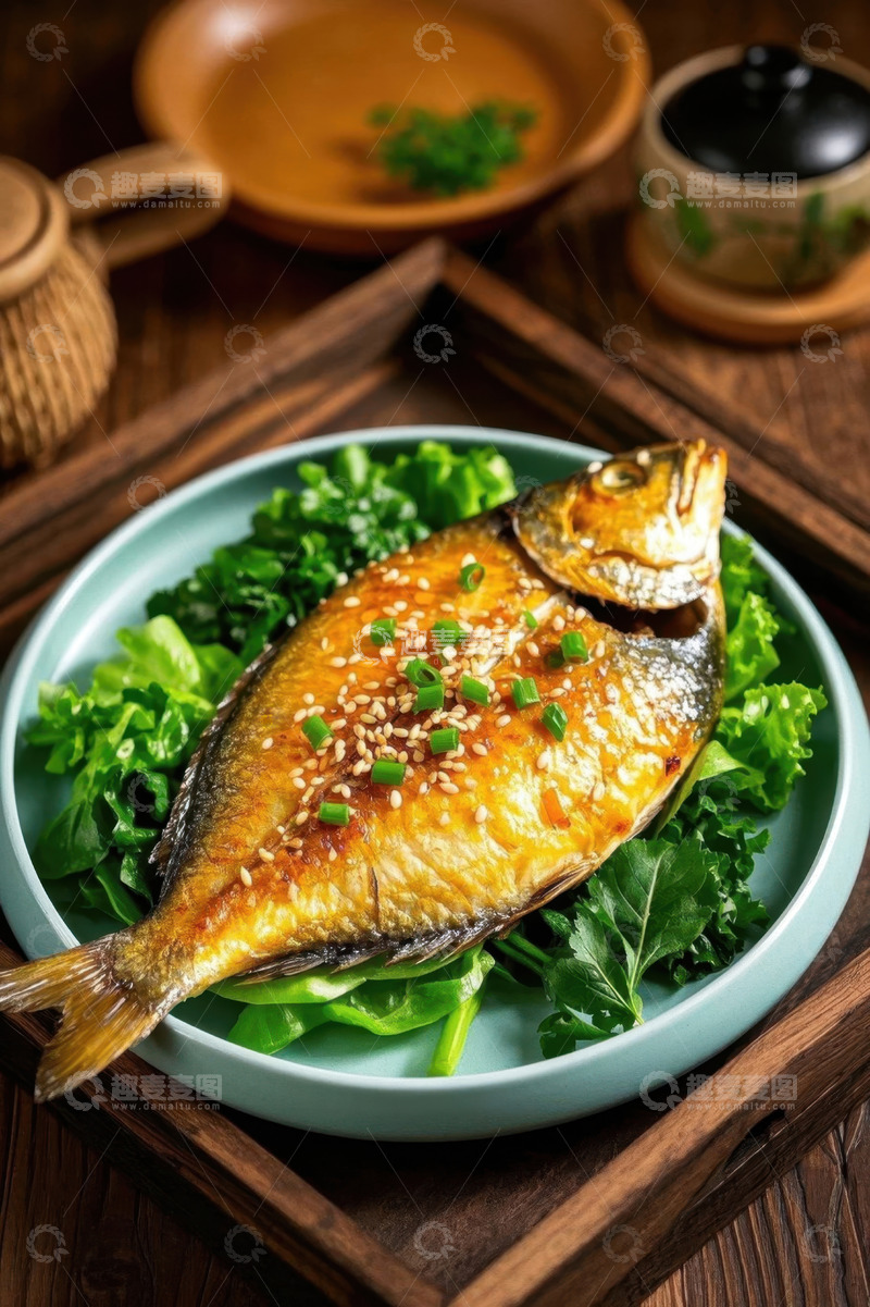 高清大图下载【趣麦麦图】盘中煎鱼配绿色蔬菜
