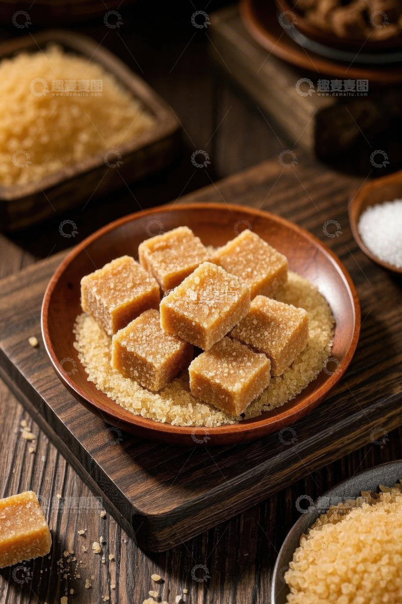 高清大图下载【趣麦麦图】木盘装块状黄糖特写