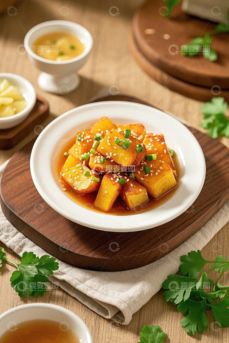 高清大图下载【趣麦麦图】木盘上的美味豆腐菜肴