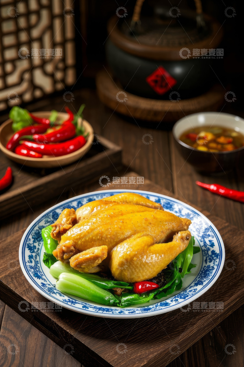 高清大图下载【趣麦麦图】中式摆盘的整只烹饪鸡肉