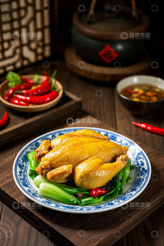 中式摆盘的整只烹饪鸡肉