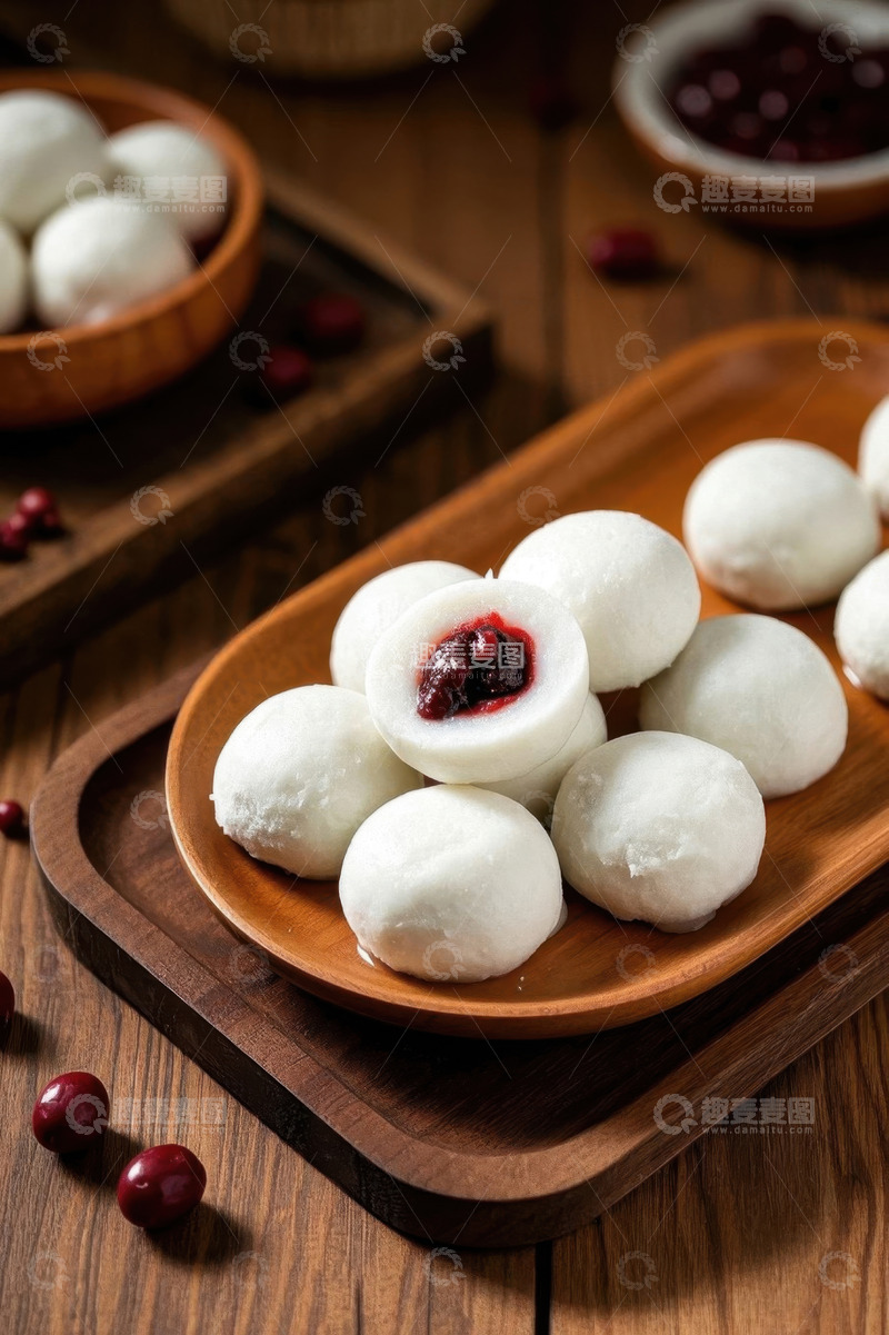 高清大图下载【趣麦麦图】木盘上的馅料汤圆特写