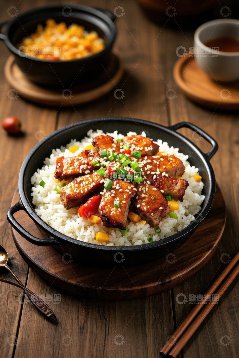 高清大图下载【趣麦麦图】木质桌面上的美味烤肉盖饭