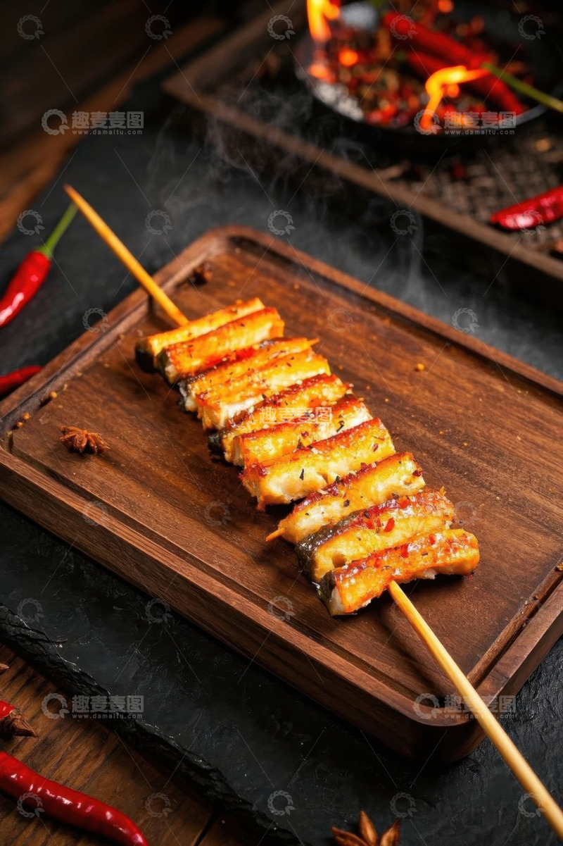 高清大图下载【趣麦麦图】木盘上的美味烧烤串