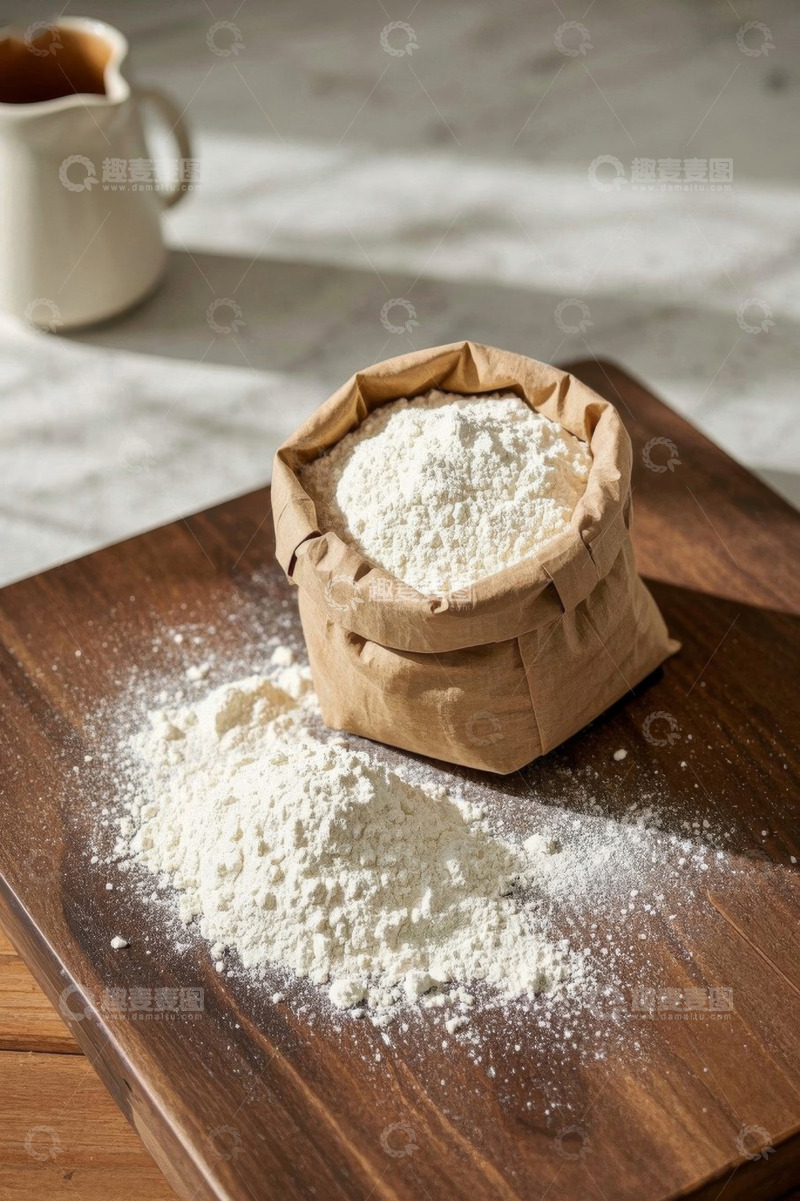 高清大图下载【趣麦麦图】木板上袋装面粉及洒落面粉