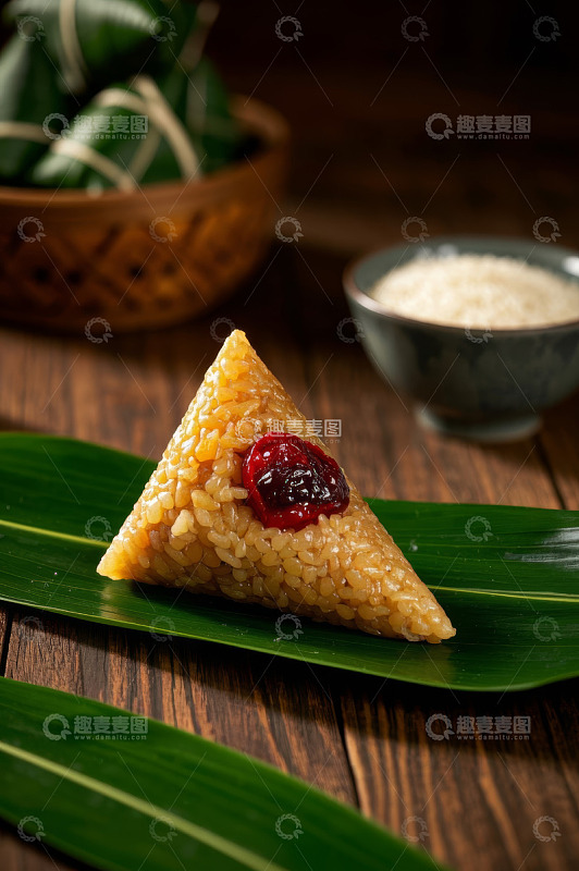 传统粽子特写与糯米粽叶
