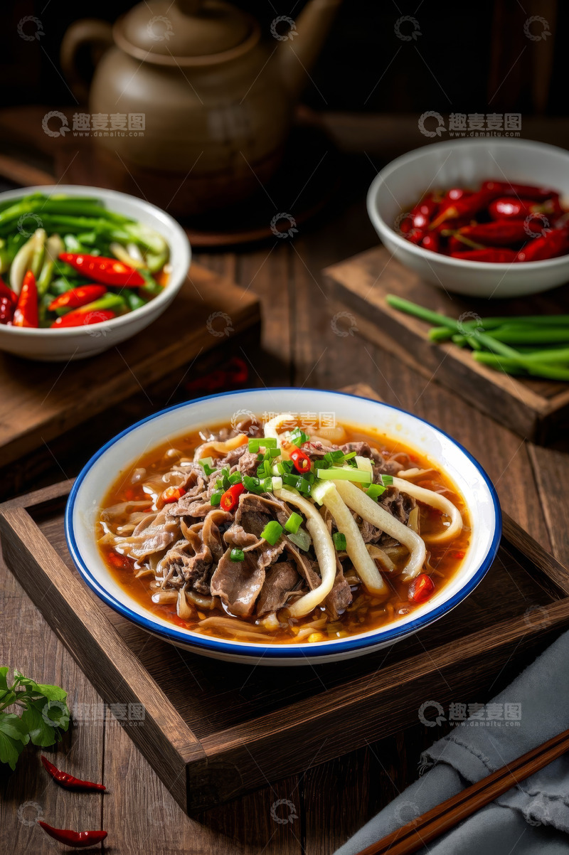 高清大图下载【趣麦麦图】木桌上的牛肉粉与配菜