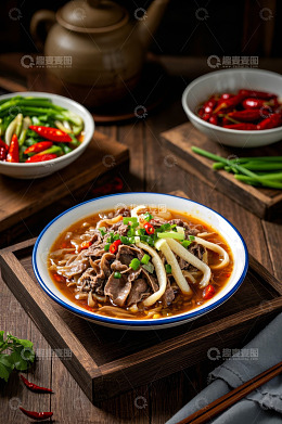 木桌上的牛肉粉与配菜