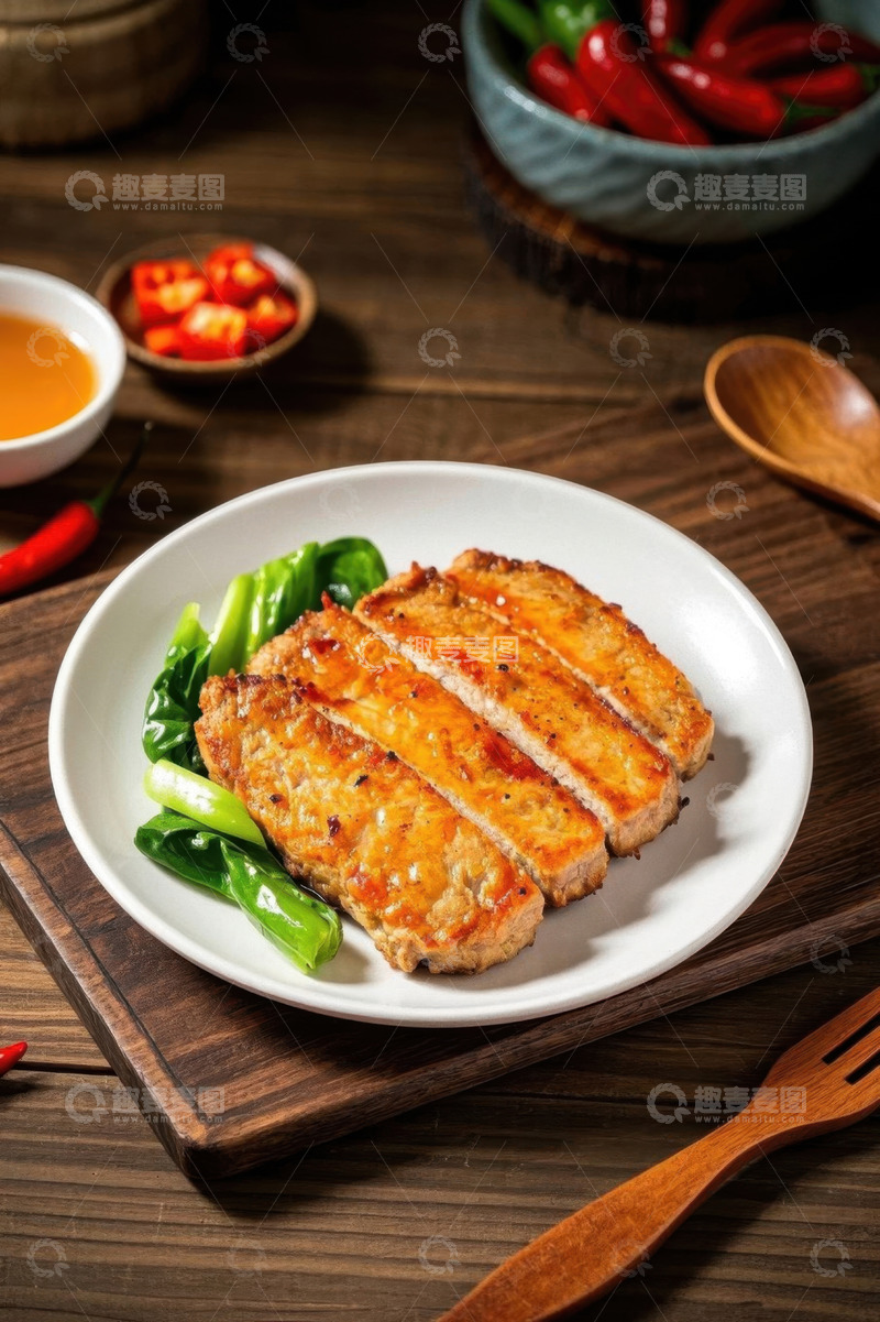 高清大图下载【趣麦麦图】盘中煎肉配青菜美食特写