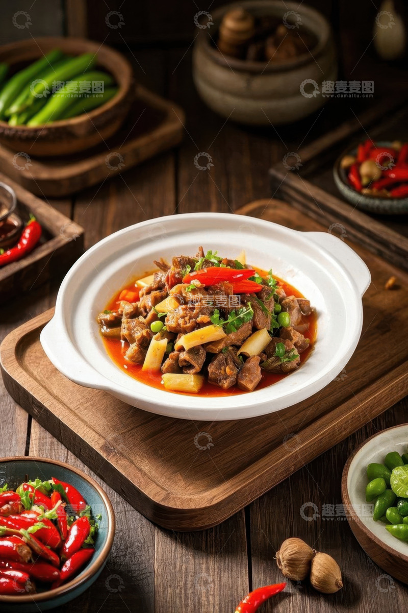 高清大图下载【趣麦麦图】木制托盘上的美味炖肉菜肴