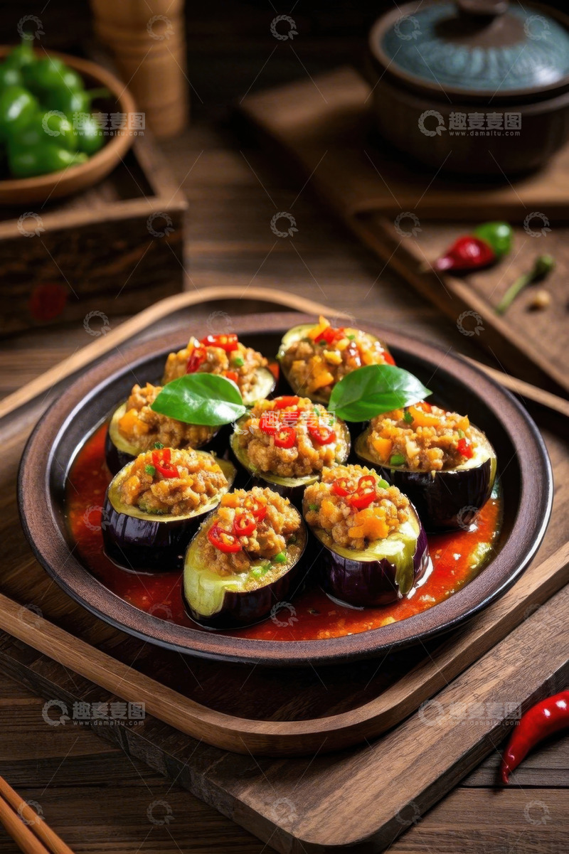 高清大图下载【趣麦麦图】木盘装盛的肉末茄子美食
