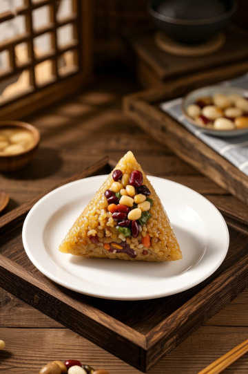 传统中式木桌上的杂粮粽子