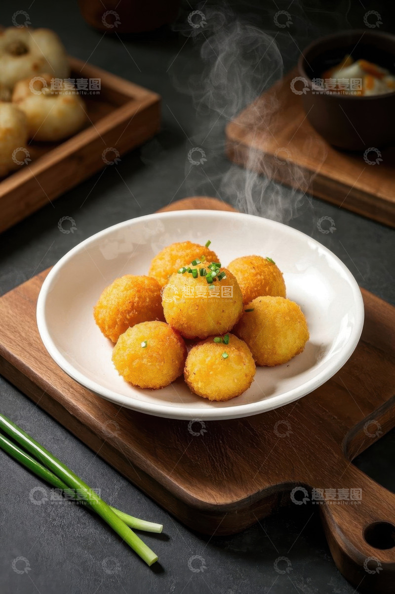 高清大图下载【趣麦麦图】盘中热气腾腾的油炸丸子美食