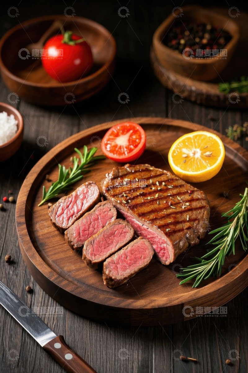 高清大图下载【趣麦麦图】木盘上的牛排及配菜